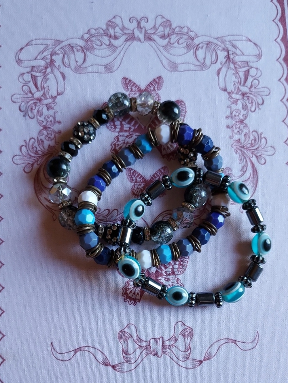 Blue Beaded Evil Eye Stretch Bracelet Set